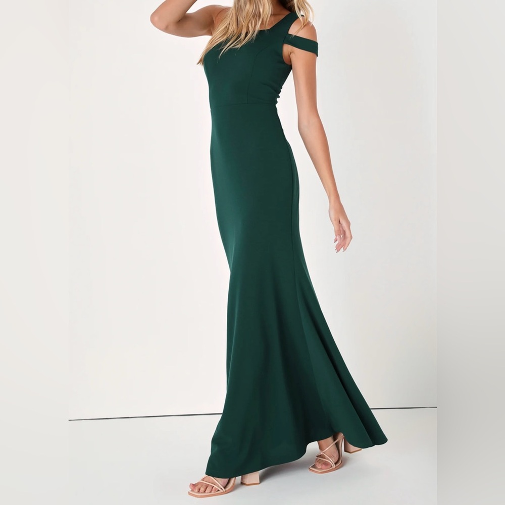 LULUS NWT Make an Entrance Hunter Green One-Shoulder Mermaid Maxi Dress